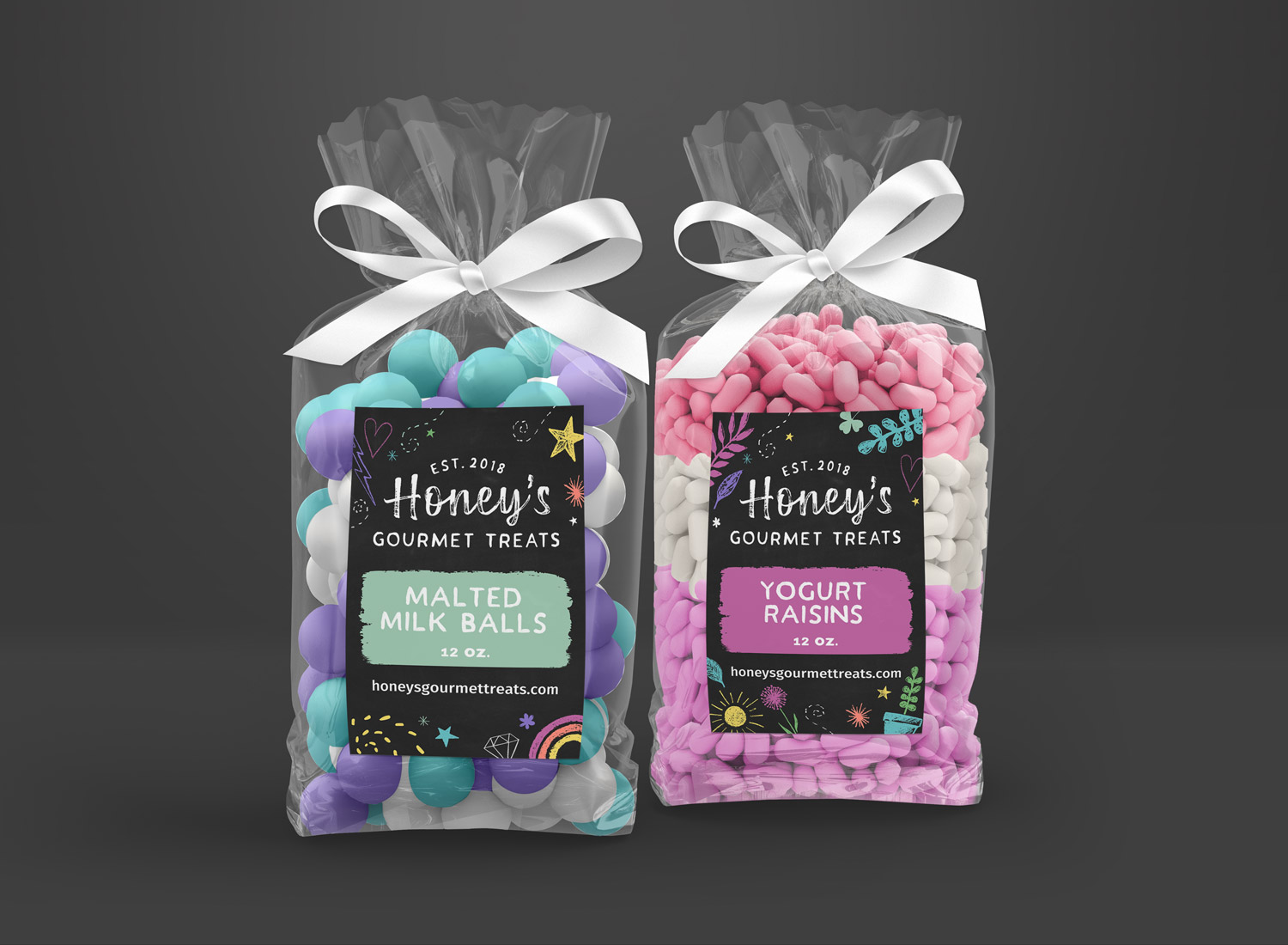 Sticker labels affixed to cellophane bags